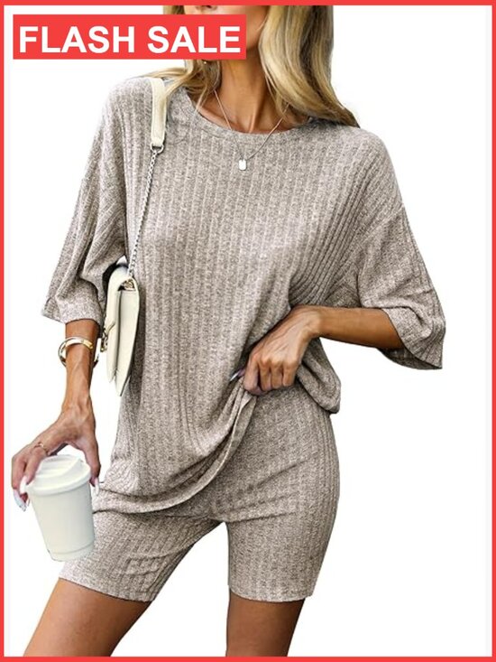 Other - Large Ribbed Knit Pajama Set 2-Piece Lounge Outfit T-Shirt Biker Shorts